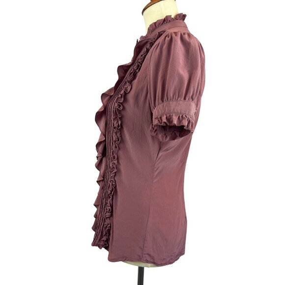 Y2K Ruffle Button Up Blouse Womens S Short Puff Sleeves Mauve Mandarin Collar - Picture 2 of 13